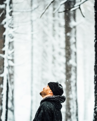 站在被雪覆盖的树下的人
